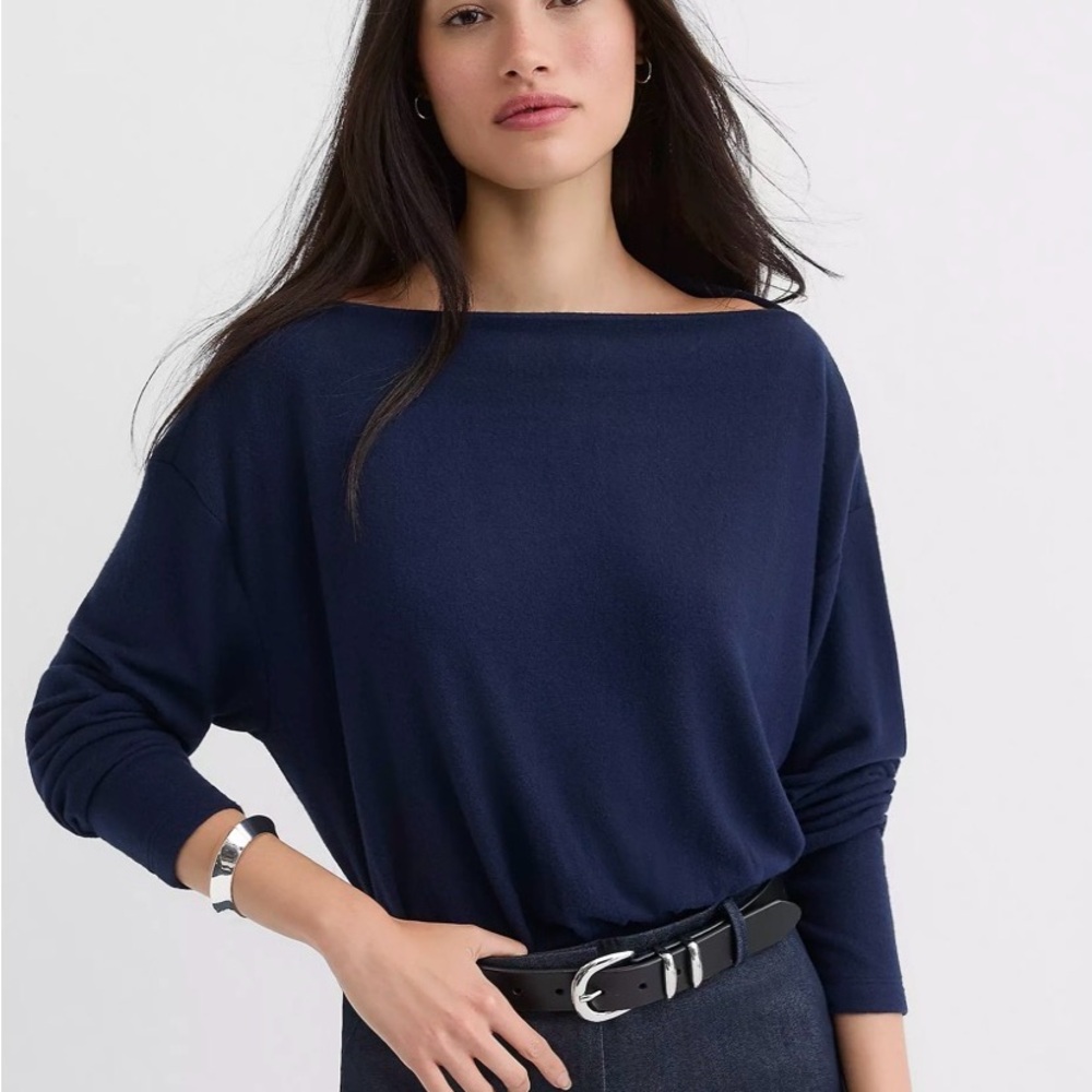 Ruched Hem Boatneck Navy Blue Women's Sweater